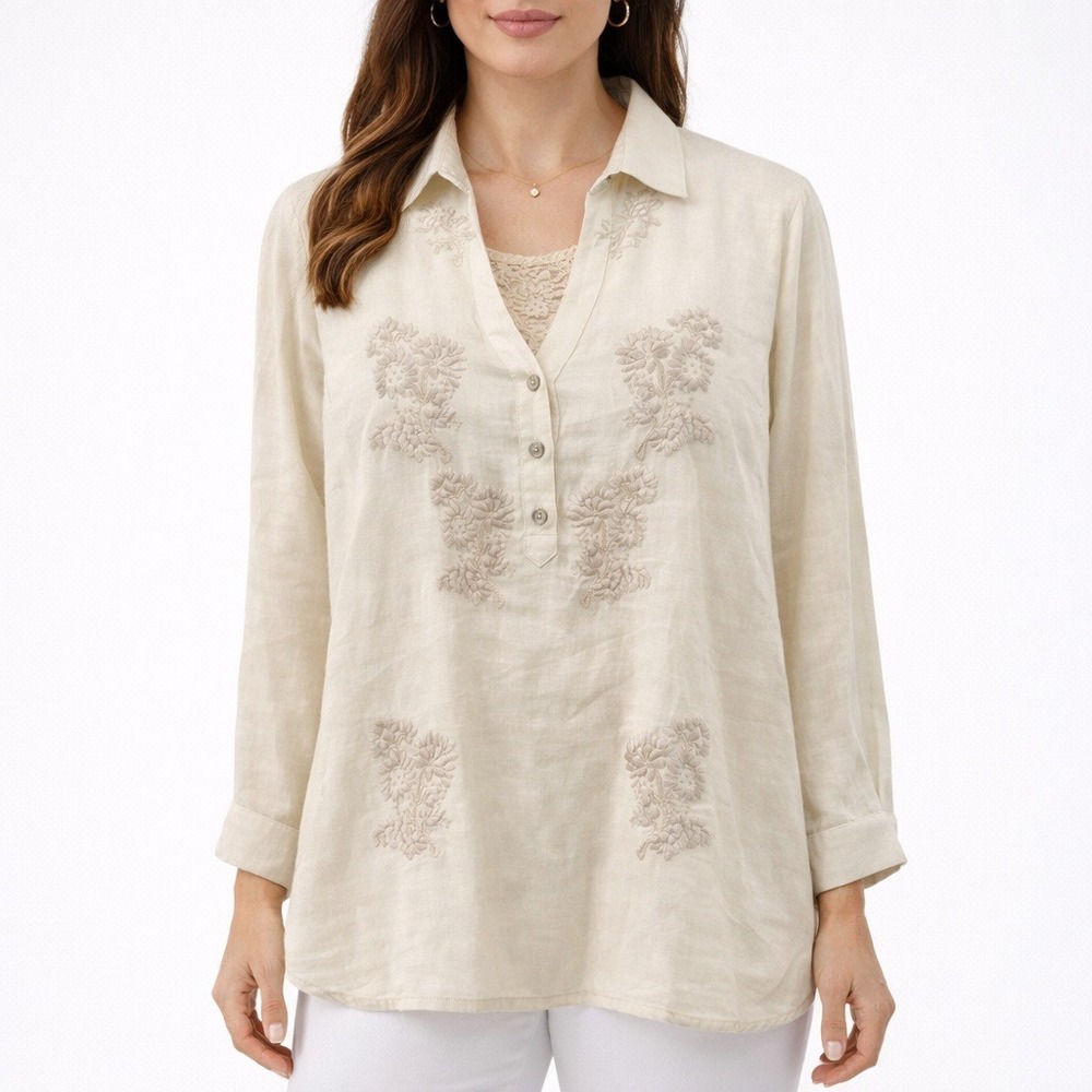 BritishIndia Classics 100%‎ Linen Tunic Blouse 13 L Cream Embroidered Resortwear - Picture 1 of 11
